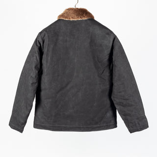 Black/Kodiak waxed canvas N-1 Deck Jacket with brown Kodiak mouton collar, back