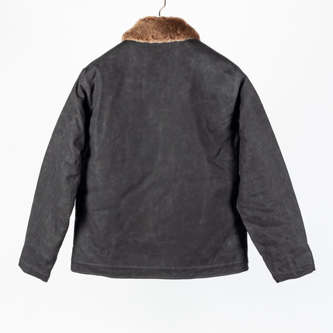 Black/Kodiak waxed canvas N-1 Deck Jacket with brown Kodiak mouton collar, back