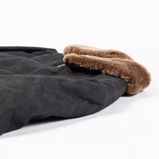 Black/Kodiak waxed canvas N-1 Deck Jacket with brown Kodiak mouton collar, collar detail