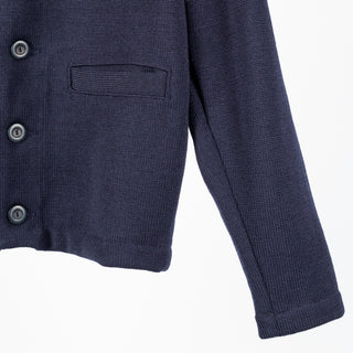 Dark navy wool Slouchy Varsity Cardigan with burnt orange sleeve stripes, buttons, pocket and sleeve