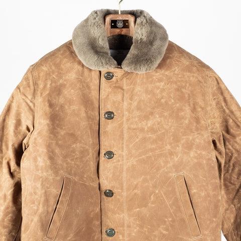 Field Tan/Grey waxed canvas N-1 Deck Jacket with grey mouton collar, front, close view of the buttons and collar