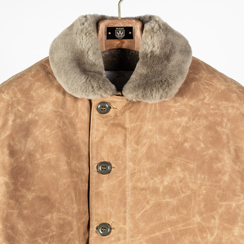 Field Tan/Grey waxed canvas N-1 Deck Jacket with grey mouton collar, grey mouton collar