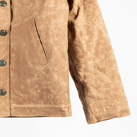 Field Tan/Grey waxed canvas N-1 Deck Jacket with grey mouton collar, welt pocket and sleeve