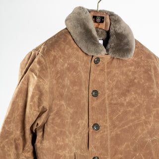 Field Tan/Grey waxed canvas N-1 Deck Jacket with grey mouton collar, collar and shoulder