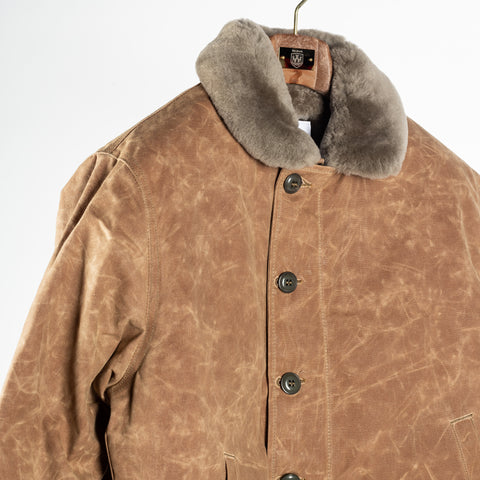 Field Tan/Grey waxed canvas N-1 Deck Jacket with grey mouton collar, collar and shoulder