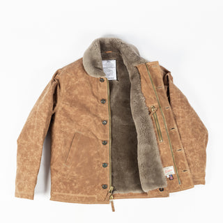 Field Tan/Grey waxed canvas N-1 Deck Jacket with grey mouton collar, open, showing the grey mouton lining, zipper and label