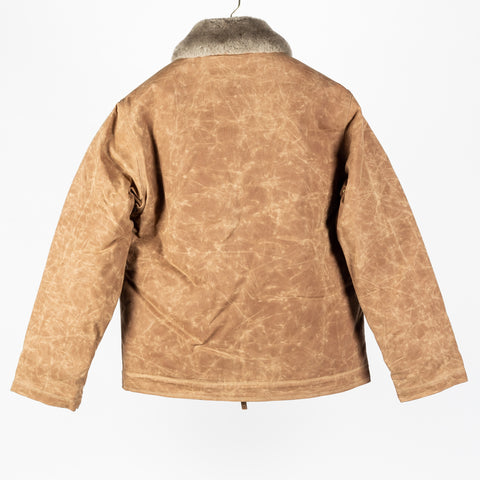 Field Tan/Grey waxed canvas N-1 Deck Jacket with grey mouton collar, back