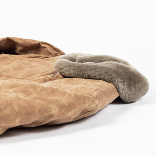 Field Tan/Grey waxed canvas N-1 Deck Jacket with grey mouton collar, collar detail