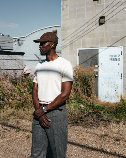 Dehen Dark Tan Mix Unstructured Baseball Hat worn with a natural loopwheeled tee