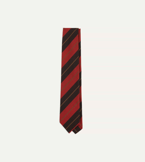 Brown, gold and red cashmere cotton stripe tie, front view