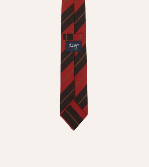 Brown, gold and red cashmere cotton stripe tie, back view with Drake's label and keeper loop