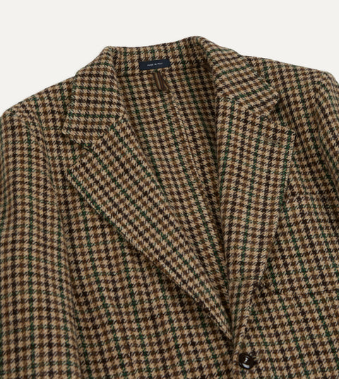 Notch lapel and collar of Drake's Brown and Green Houndstooth Tweed Games Blazer with the Made in Italy label at the back neck.