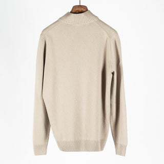 Gran Sasso Taupe Wool-Cashmere Blend Mock-Neck Quarter-Zip Pullover (fabric detail)