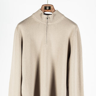 Gran Sasso Taupe Wool-Cashmere Blend Mock-Neck Quarter-Zip Pullover (collar detail)