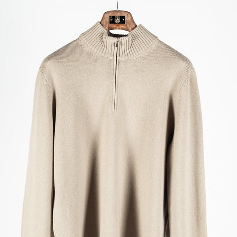 Gran Sasso Taupe Wool-Cashmere Blend Mock-Neck Quarter-Zip Pullover (collar detail)
