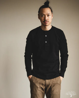 Merz b. Schwanen Deep Black 2M06 Mid-Century Long Sleeve Henley - Cotton, Denim, Jersey, Woven, Made In Germany -...