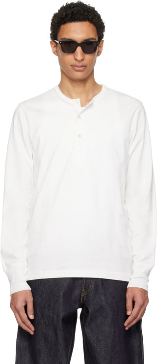 Merz b. Schwanen White 2M06 Mid-Century Long Sleeve Henley - Tan, Cotton, Jersey, Woven, Made In Germany - Alternate View