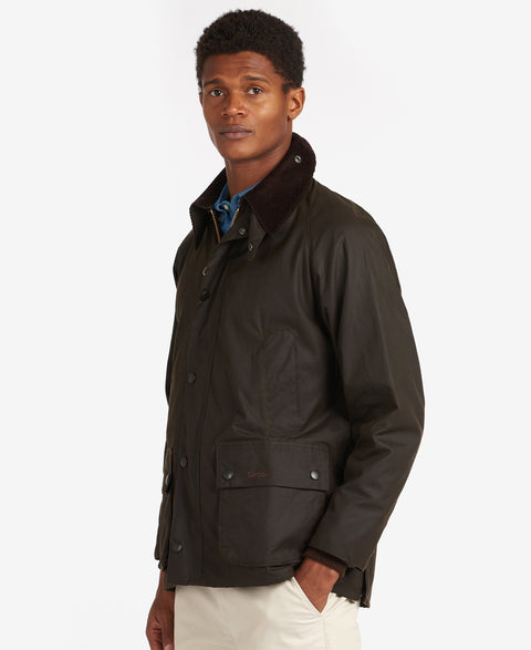 Barbour Olive Classic Bedale Wax Jacket worn by a model, full length view.