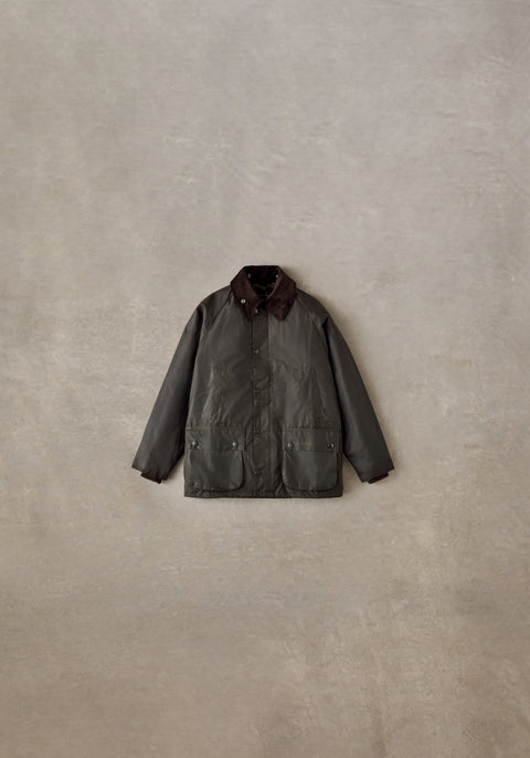 Barbour Olive Classic Bedale Wax Jacket styled flat on a stone backdrop.