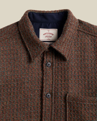 Portuguese Flannel Brown Check Waffle Wool Overshirt, collar and brand label detail