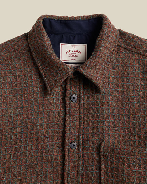 Portuguese Flannel Brown Check Waffle Wool Overshirt, collar and brand label detail