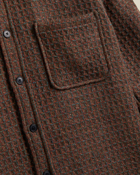 Portuguese Flannel Brown Check Waffle Wool Overshirt, chest patch pocket and button placket detail