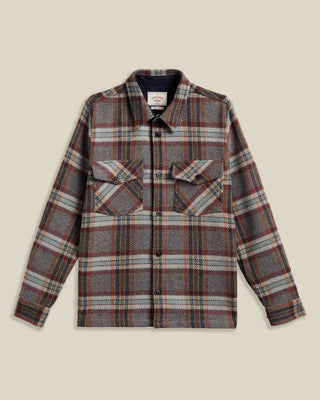 Portuguese Flannel Grey Plaid Wool Field Overshirt, flat lay, front view