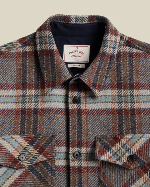 Portuguese Flannel Grey Plaid Wool Field Overshirt, collar and brand label detail