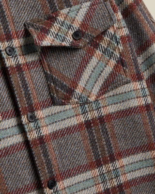 Portuguese Flannel Grey Plaid Wool Field Overshirt, button-flap chest pocket detail