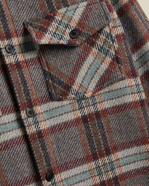 Portuguese Flannel Grey Plaid Wool Field Overshirt, button-flap chest pocket detail