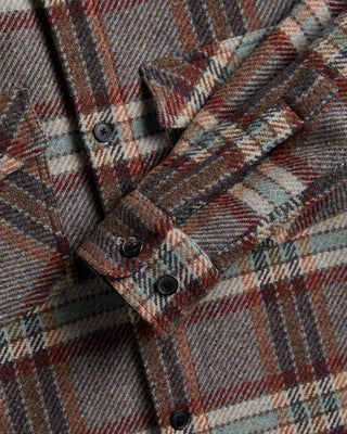 Portuguese Flannel Grey Plaid Wool Field Overshirt, button cuff and pocket detail