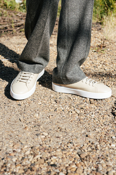 Fabiano Ricci Moon U1250 Grain Leather Sneaker worn with grey herringbone trousers