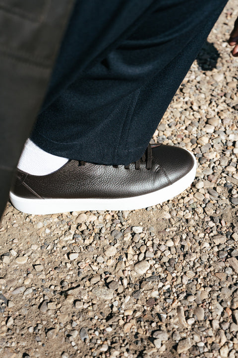Fabiano Ricci TDM U1250 Grain Leather Sneaker worn with navy wool trousers