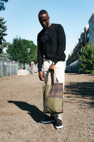 AG Tellis Selvage Marble Tan Denim with a Barbour patchwork tote