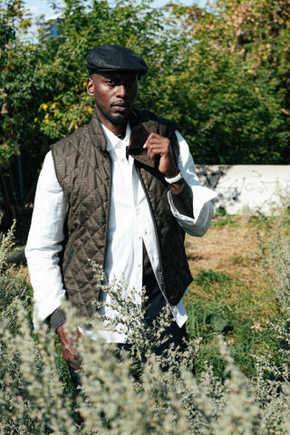 Waterville Olive Check Theo Quilted Vest, check wool front and quilted body