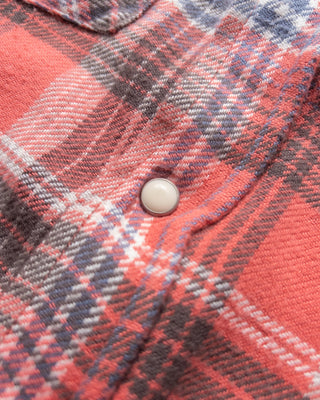 Close-up of a cream pearl snap on the Cactus Flower Plaid brushed flannel