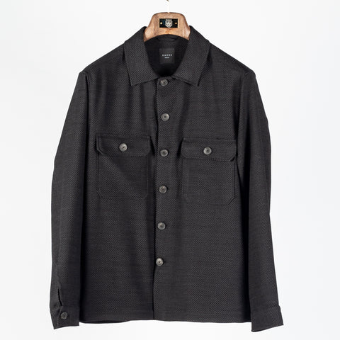 Xacus charcoal herringbone shacket, front view