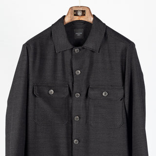Xacus charcoal herringbone shacket, close front view
