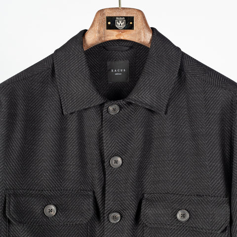 Xacus charcoal herringbone shacket, collar and chest pockets