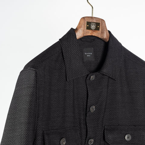Xacus charcoal herringbone shacket, collar and shoulder detail