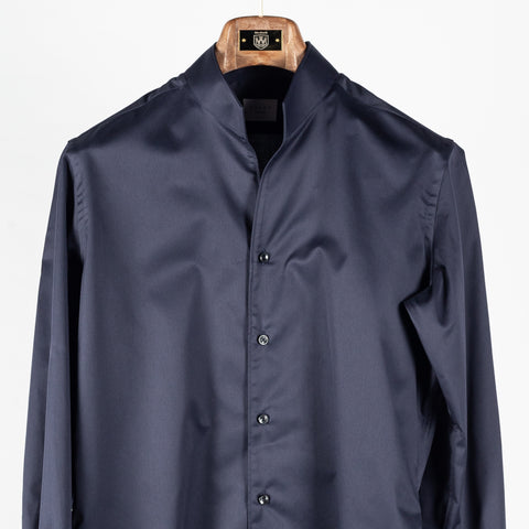Xacus navy 11805 mandarin collar travel shirt, close front view
