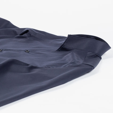 Xacus navy 11805 mandarin collar travel shirt, collar and placket detail laid flat